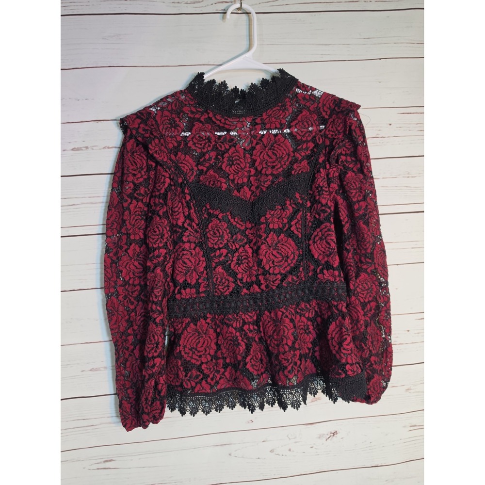 Haute Monde Red Black Floral Lace Peplum Blouse Mock Neck HMT55265 Medium